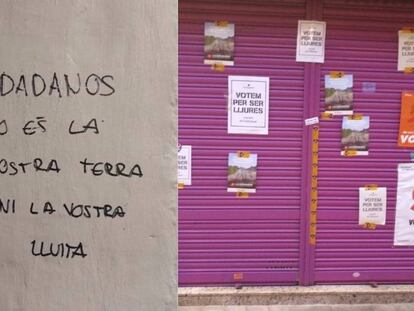 Pintadas y carteles, colocados por los independentistas en el negocio de los padres de Albert Rivera.