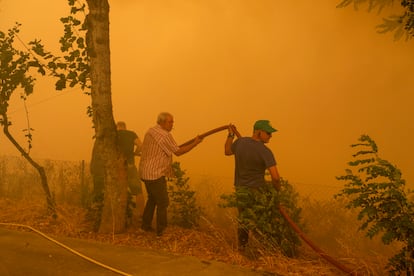 Vecinos de la aldea de Lamas (Cualedro) intentan aplacar el fuego que afecta este viernes esta zona de Ourense.