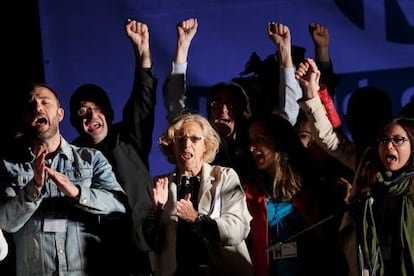 Ahora Madrid candidate for Madrid mayor, Manuela Carmena, celebrates with supporters on Sunday night.