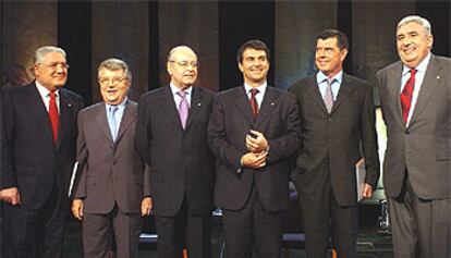 De izquierda a derecha, Lluís Bassat, Josep Maria Minguella, Josep Martínez Rovira, Jordi Majó y Jaume Llauradó, los seis aspirantes a la presidencia del Barça.