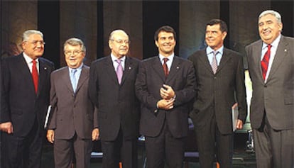 De izquierda a derecha, Lluís Bassat, Josep Maria Minguella, Josep Martínez Rovira, Jordi Majó y Jaume Llauradó, los seis aspirantes a la presidencia del Barça.