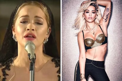 A la izquierda, Rita Ora durante la ceremonia de canonización de Teresa de Calcuta. A la derecha, la cantante en la campaña que protagonizó para Tezenis.