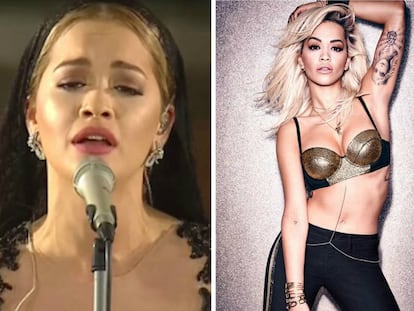 A la izquierda, Rita Ora durante la ceremonia de canonización de Teresa de Calcuta. A la derecha, la cantante en la campaña que protagonizó para Tezenis.