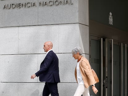 Luis Rubiales, with his lawyer Olga Tubau, leaving the High Court in Madrid.