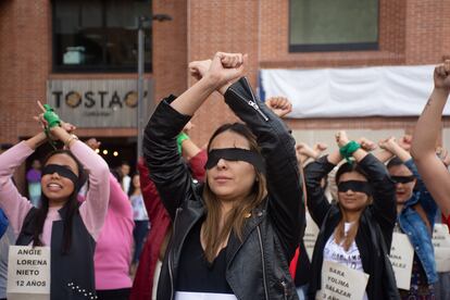 BOGOTA, COLOMBIA - DECEMBER 05 : A group of women journalists from national and international media take part in a choreographed performance named "A rapist on your way" originated in Chile, and inspired by the Chilean feminist group Las Tesis, against femicide, gender violence, patriarchy and mistreatment of women in Bogota, Colombia on December 5, 2019. (Photo by Juan David Moreno Gallego/Anadolu Agency via Getty Images)