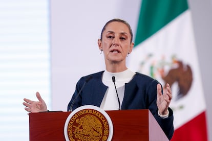 Claudia Sheinbaum durante su rueda de prensa matutina en Palacio Nacional, en Ciudad de México.