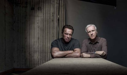 James Cameron y Arnold Schwarzenegger durante la grabación de la campaña.