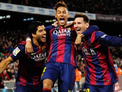 Su&aacute;rez, Neymar y Messi celebra un gol al Atl&eacute;tico.