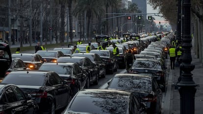 VTC vehicles block a street in Barcelona on January 19.