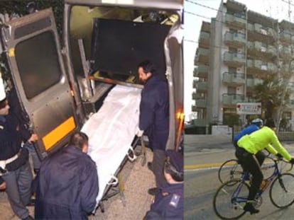 El cuerpo de Marco Pantani es introducido en el furgón a la puerta del hotel Le Rose (a la derecha), <b>de Rímini, en el que el sábado murió el ciclista.</b>