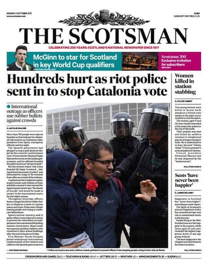 La prensa de Escocia, país con un amplio sector de la población independentista, también se vuelca en la cobertura del referéndum.'The Scotsman' titula: "Cientos de heridos tras el envío de la policía a frenar el voto de Cataluña". El diario destaca también en su primera la "indignación internacional" por el uso de pelotas de goma contra la población.