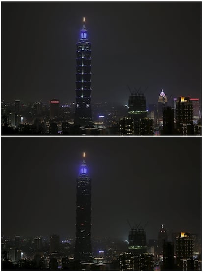 En la imagen el horizonte de Taipei con el edificio Taipei 101 antes y durante la Hora del Planeta en Taipei, Taiwán 19 de marzo de 2016