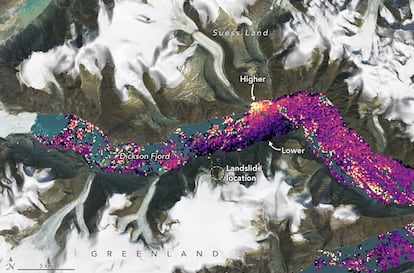 La imagen desde el satélite muestra los puntos de altimetría usados para ver los movimientos del agua en el fiordo el 17 de septiembre de 2023, un día después del gran tsunami. Los tonos amarillos indican elevación del agua, los morados, descenso de nivel.