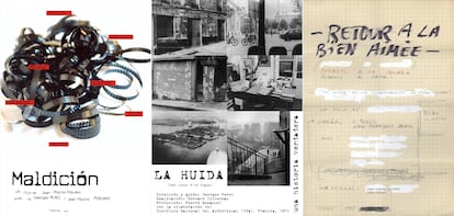 Tres ejemplos de 'Desapariciones', una obra de Ignasi Aballí con media docena de carteles de películas inexistentes “inspiradas” en guiones del escritor Georges Perec.
