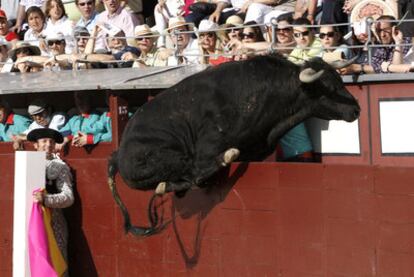 El primer toro de la tarde trata de saltar al callejón.