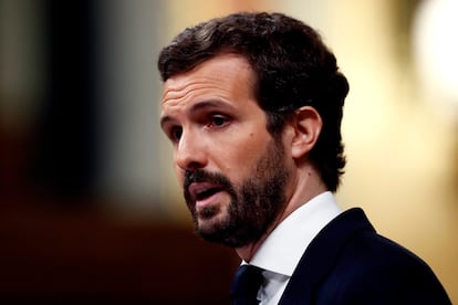 El líder del PP, Pablo Casado, durante su intervención este jueves en el pleno del Congreso.