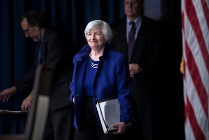 Janet Yellen chega para uma reunião no Fed, em dezembro de 2017. 