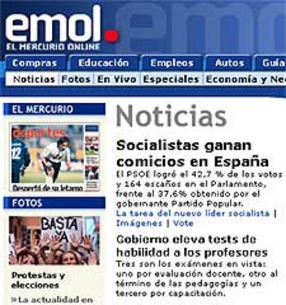 <i>El Mercurio</i> chileno ofrece en su portada los resultados de las elecciones celebradas en España y destaca las palabras de José Luis Rodríguez Zapatero, que se comprometió tras conocer los resultados a dar prioridad a la lucha contra el terrorismo y ofreció un "cambio tranquilo".