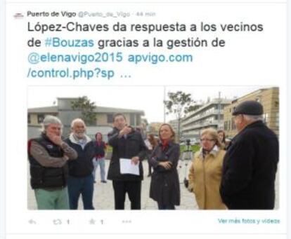 17 DE MARZO. Tuit elogioso sobre Muñoz divulgado por el Puerto de Vigo, que también la citó en su nota de prensa.