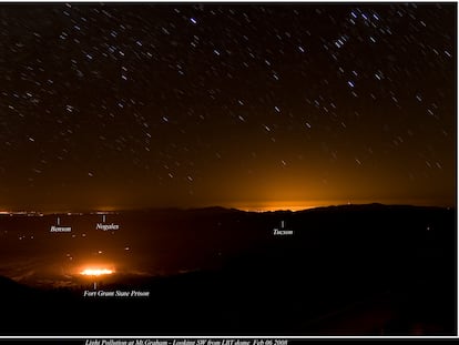 El gran telescopio binocular del Monte Graham está situado a más de 3.200 metros de altura, en Arizona, Estados Unidos. Pero hasta allí llega la contaminación lumínica de la ciudad de Tucson, a más de 100 kilómetros.