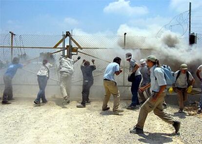 Militantes del Movimiento de Solidaridad Internacional tratan de derribar una valla que separa la zona israelí de la palestina cerca de la localidad de Anín.