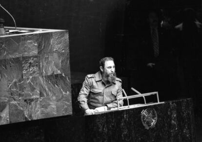 El cubano Fidel Castro se dirige a la audiencia como presidente del Movimiento de los no alineados en las Naciones Unidas en Nueva York. La fotografía fue tomada 12 de octubre de 1979.