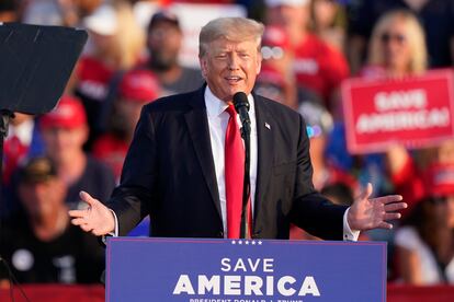 Former President Donald Trump speaks at a rally at the Lorain County Fairgrounds in Wellington, Ohio, on June 26, 2021