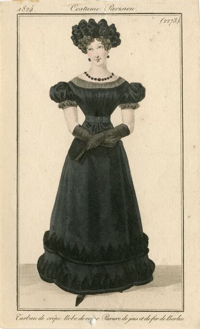 Ilustración de 1824 que muestra cómo vestían el luto las mujeres de la época.