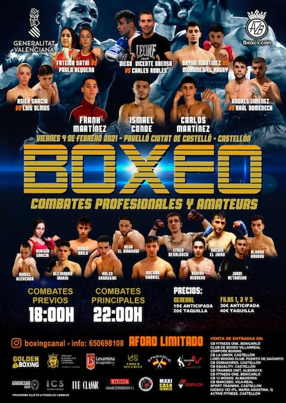 Cartel de los combates de boxeo de Castellón del 4 de febrero, en uno de los cuales participó Héctor González, fallecido 12 días después.