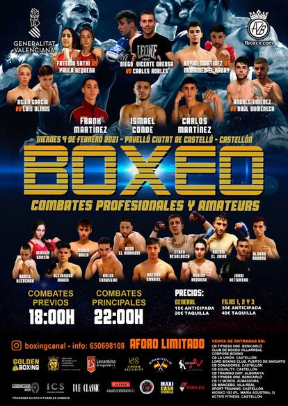 Cartel de los combates de boxeo de Castellón del 4 de febrero, en uno de los cuales participó Héctor González, fallecido 12 días después.