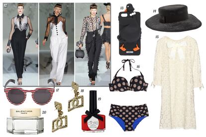 12. Roberto Verino. 13. Moschino Funda con oca para iPhone 5. 14. Gigi Burris Millinery Sombrero de rafia con cinta y detalle de cocodrilo. 15. Anna Sui Vestido calado con lazo en el cuello. 16. Etam Bikini con print de lunares. 17. Illesteva Gafas de sol con montura de pasta con print de rayas. 18. Dsquared2 Pendientes dorados. 19. Ciaté Laca de uñas “Mistress”. 20. Balenciaga Crema corporal perfumada.