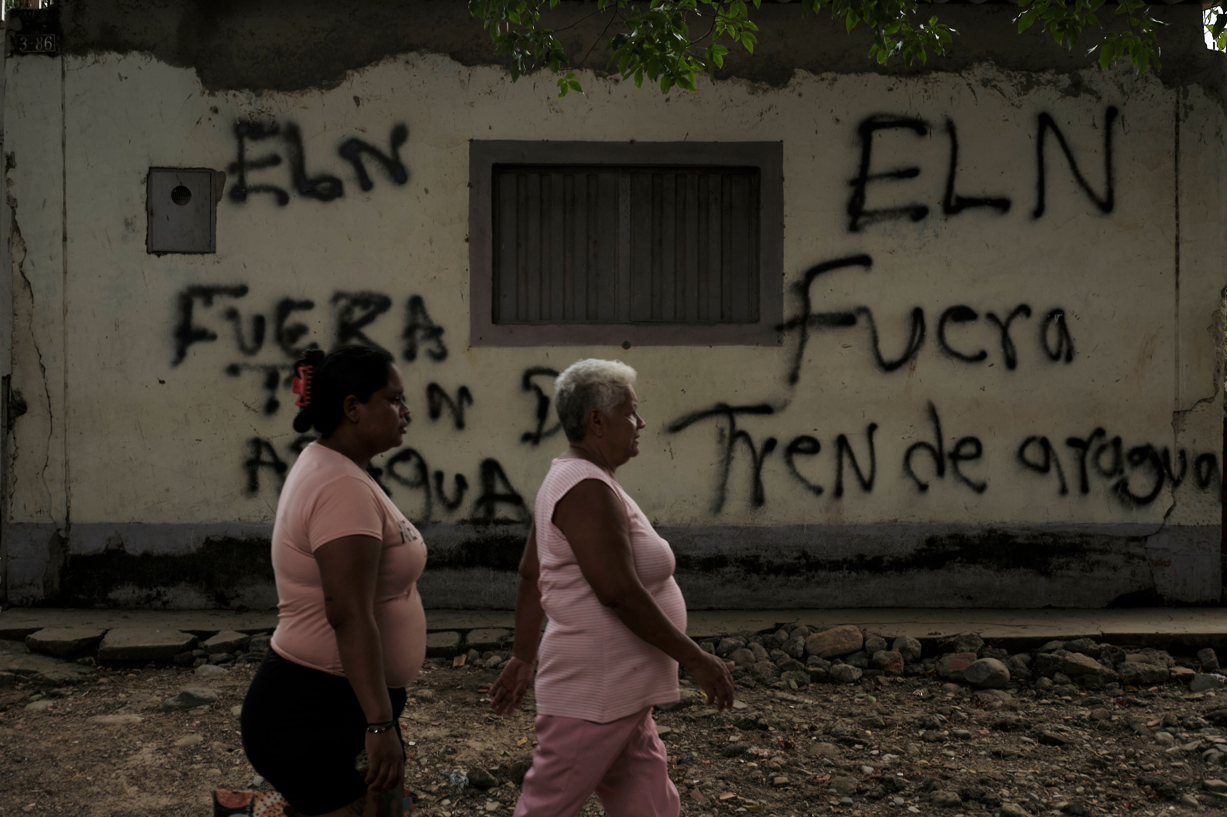 Grafitis alusivos al grupo armado ELN y el Tren de Aragua en las fachadas de las casas cerca a las trochas en Cúcuta, el 29 de marzo.