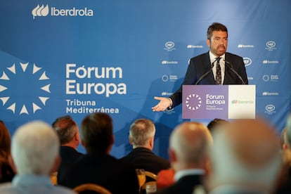 El president de la Generalitat de Valenciana, Carlos Mazón, durante su intervención en el Fórum Europa Tribuna Mediterránea, este martes.