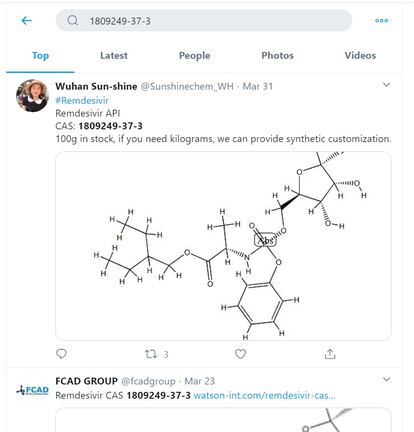 Captura de pantalla de las ofertas de remdesivir en Twitter.