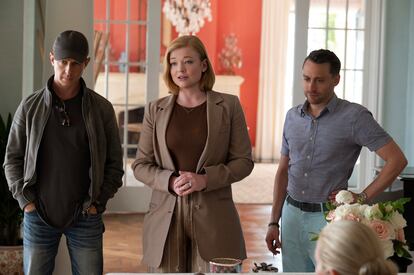 This image released by HBO shows, from left, Jeremy Strong, Sarah Snook and Kieran Culkin in a scene from the fourth season of "Succession."