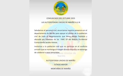 Comunicado de las Autodefensas Unidas de Nariño.