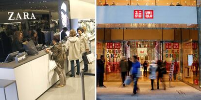 Tienda de Zara en San Sebastián y, a la derecha, entrada a uno de los locales de Uniqlo en Tokyo.