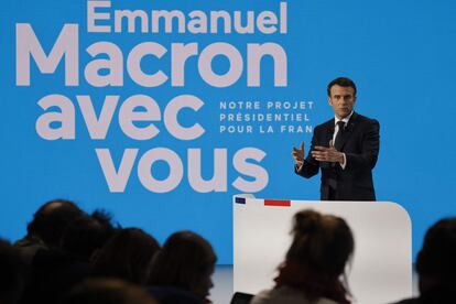 El presidente francés, Emmanuel Macron, este jueves durante la presentación de su programa electoral en Aubervilliers.