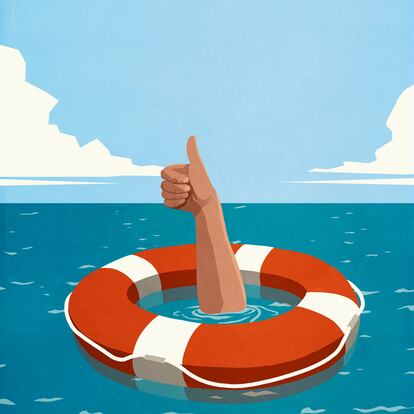 Sinking man below life ring gesturing thumbs up