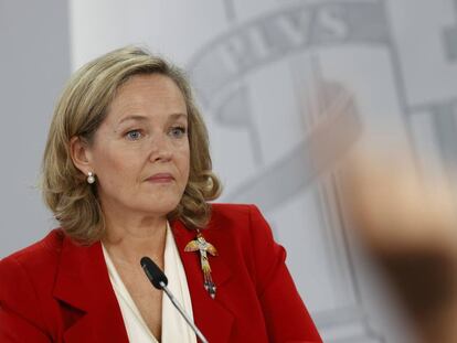 Nadia Calviño, vicepresidenta primera del Gobierno, en la rueda de prensa tras el Consejo de Ministros de este martes.