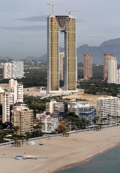 An apartment building under construction is seen in Benidorm