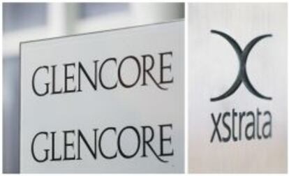 A combination file photo shows the logo of Glencore (L) in front of the company's headquarters in the Swiss town of Baar and the logo of Swiss mining company Xstrata (R) at their headquarters in Zug, both taken November 13, 2012. After years of on-off talks, months of brinksmanship and often bitter negotiations, Glencore's head Ivan Glasenberg gets to complete the $30 billion acquisition of Xstrata on May 2, 2013, the mining industry's biggest takeover yet. REUTERS/Michael Buholzer/Files (SWITZERLAND - Tags: BUSINESS COMMODITIES LOGO)