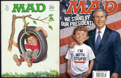 En los años setenta, Norman Mingo creó la versión definitiva de 'Alfred. E. Neuman', sobre un boceto de Will Elder (en la imagen de la izquierda), que Kurtzman convirtió en mascota de la revista y lo hizo posar con personajes como Bush (derecha), o con Michael Jackson, en la imagen principal de la noticia.