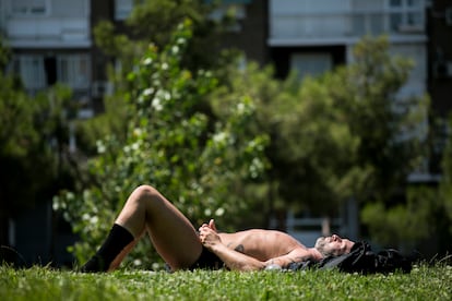 Un hombre toma el sol tumbado en el parque de Madrid Río.