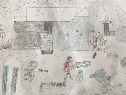 Dibujo de Faizal, de 10 años, realizado en uno de los espacios seguros de Save the Children. Faizal muestra cómo vivió la llegada del ciclón Idai y cómo las inundaciones destruyeron su casa.