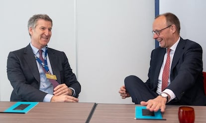 El líder del PP, Alberto Núñez Feijóo, y el futuro canciller alemán, Friedrich Merz (CDU), en la cumbre del Partido Popular Europeo el día 6 en Bruselas. La imagen fue difundida por el PP.