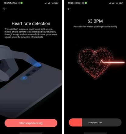 Medición de la frecuencia cardíaca con un móvil Xiaomi.