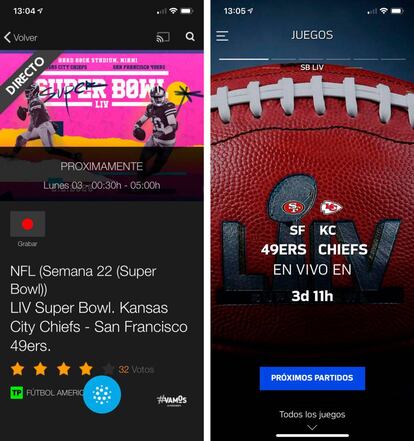 Superbowl LIV en Movistar+ (i) y NFL Game Pass (d).