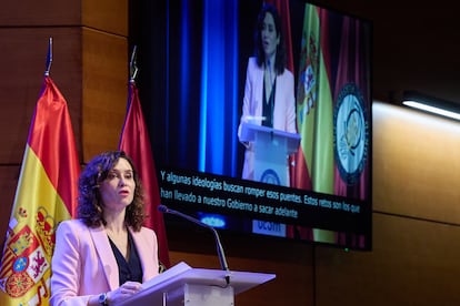 La presidenta de la Comunidad de Madrid, Isabel Díaz Ayuso, en el acto de apertura del curso académico 2024/25 de las universidades madrileñas, este jueves.