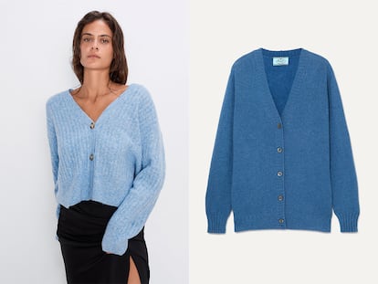 A la izda., chaqueta de punto de Zara (25,95€); a la dcha., chaqueta de cachemir de Prada (790€ en Net-a-porter.com).